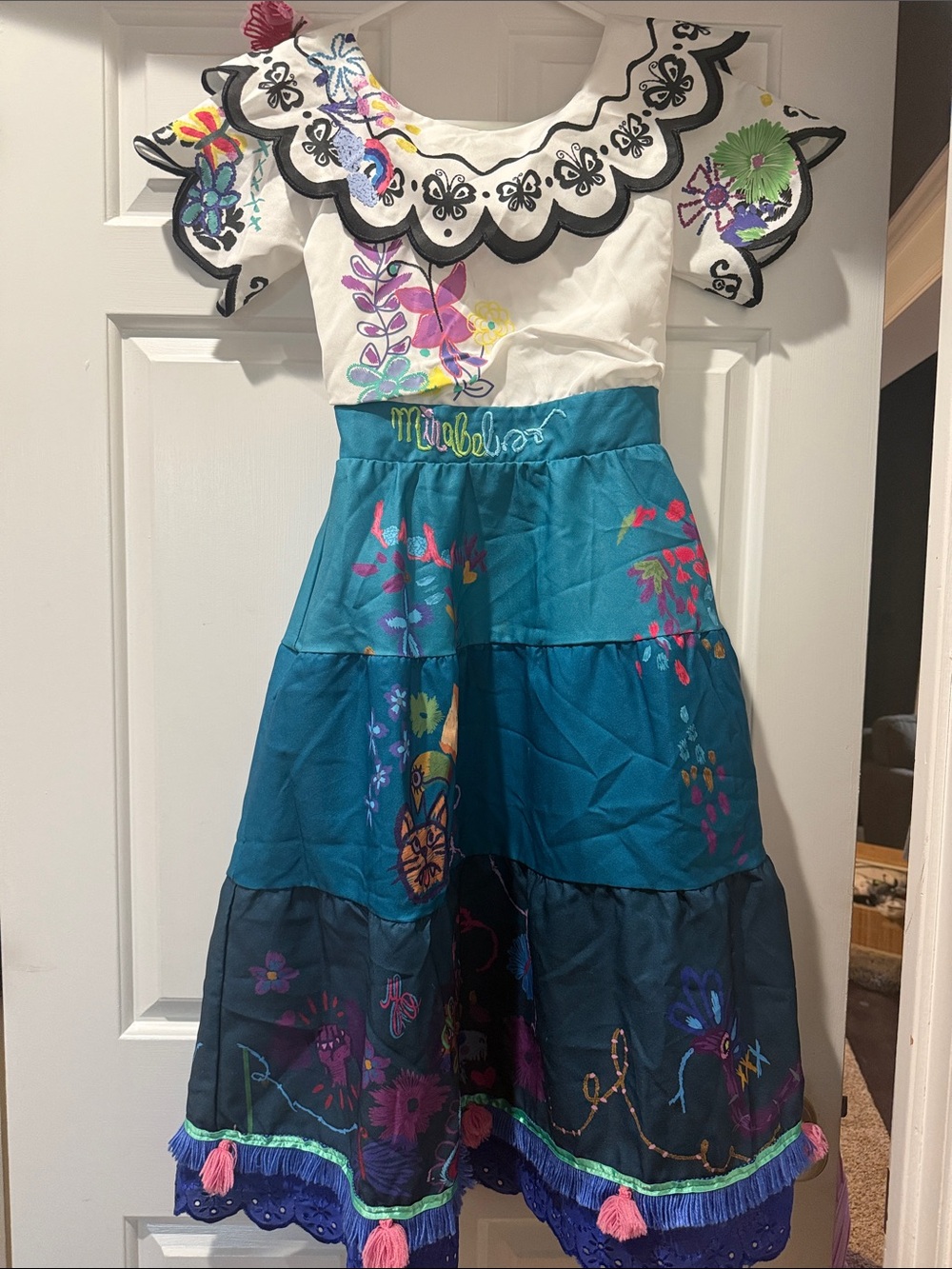 Disney Mirabel Floral Embroidered White and Teal Girls' Costume Dress